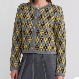 Zara Argyle Heavy Knit Cardigan in Grey, Green, and Yellow Wool Blend